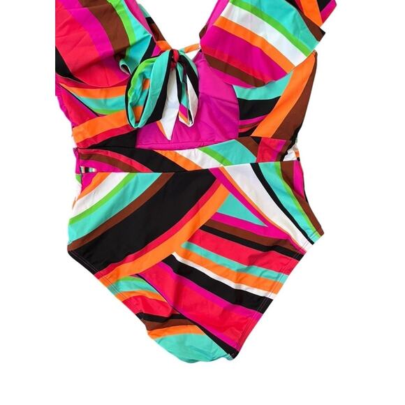 NEW Trina Turk Ruffle Flutter Sleeve Plunge One Piece Swimsuit Colorful Size 10 - Picture 6 of 9